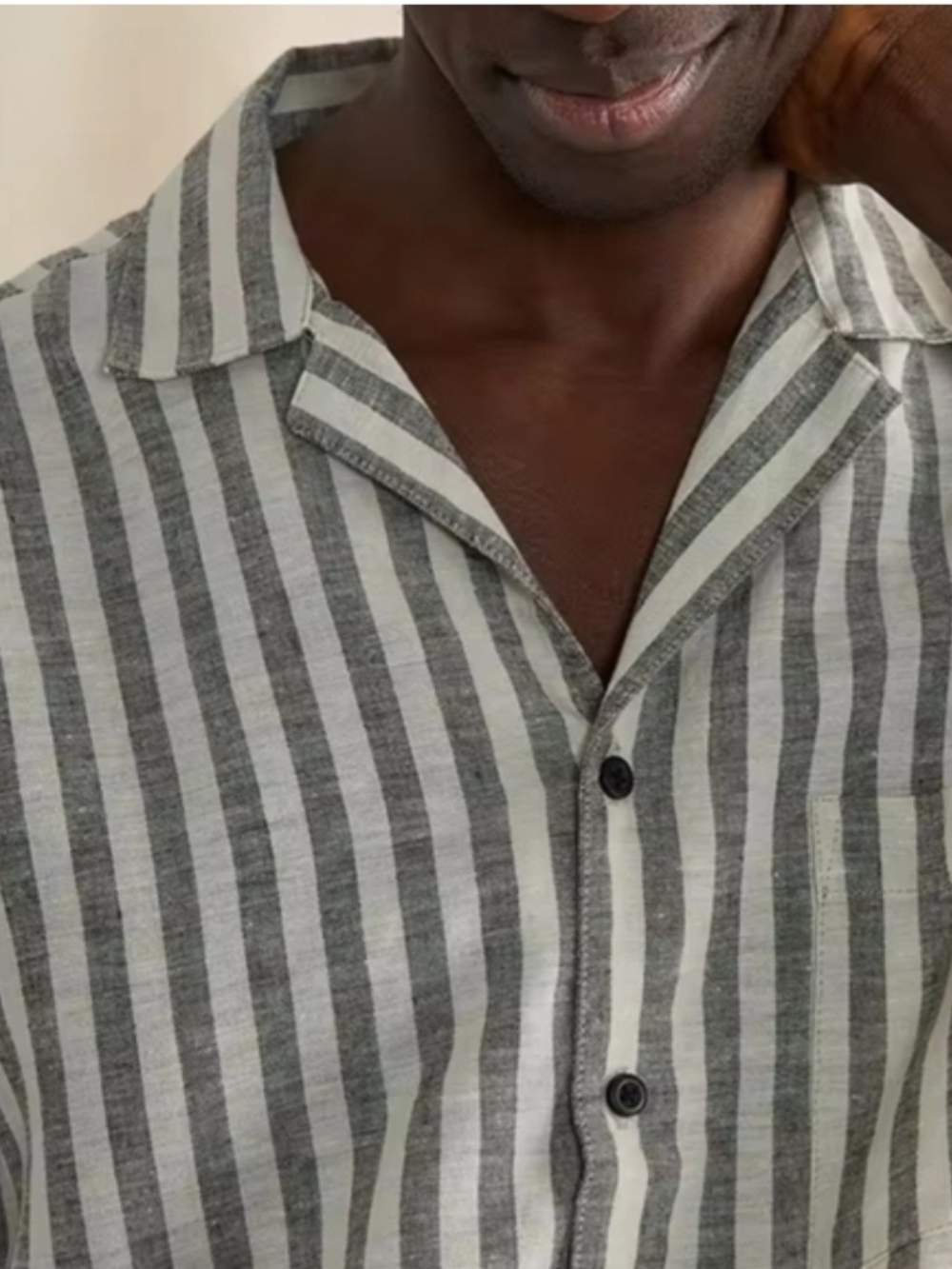 Onia Linen Grey and White Vertical Stripe Casual Button-Down